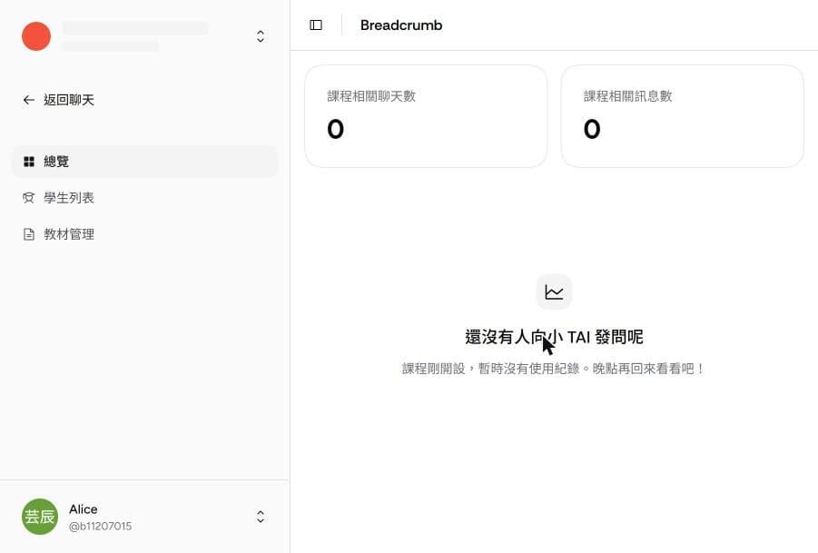 教授後台總覽:課程聊天數、訊息數與趨勢圖區